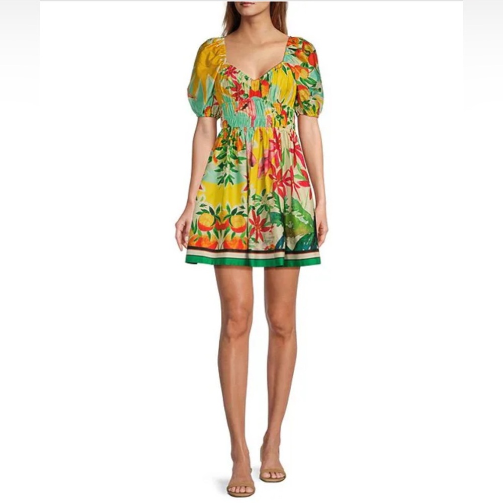 NWT Antonio Melani Sz 0 Chappell Flaming Tropical Printed Smocked Babydoll Dress